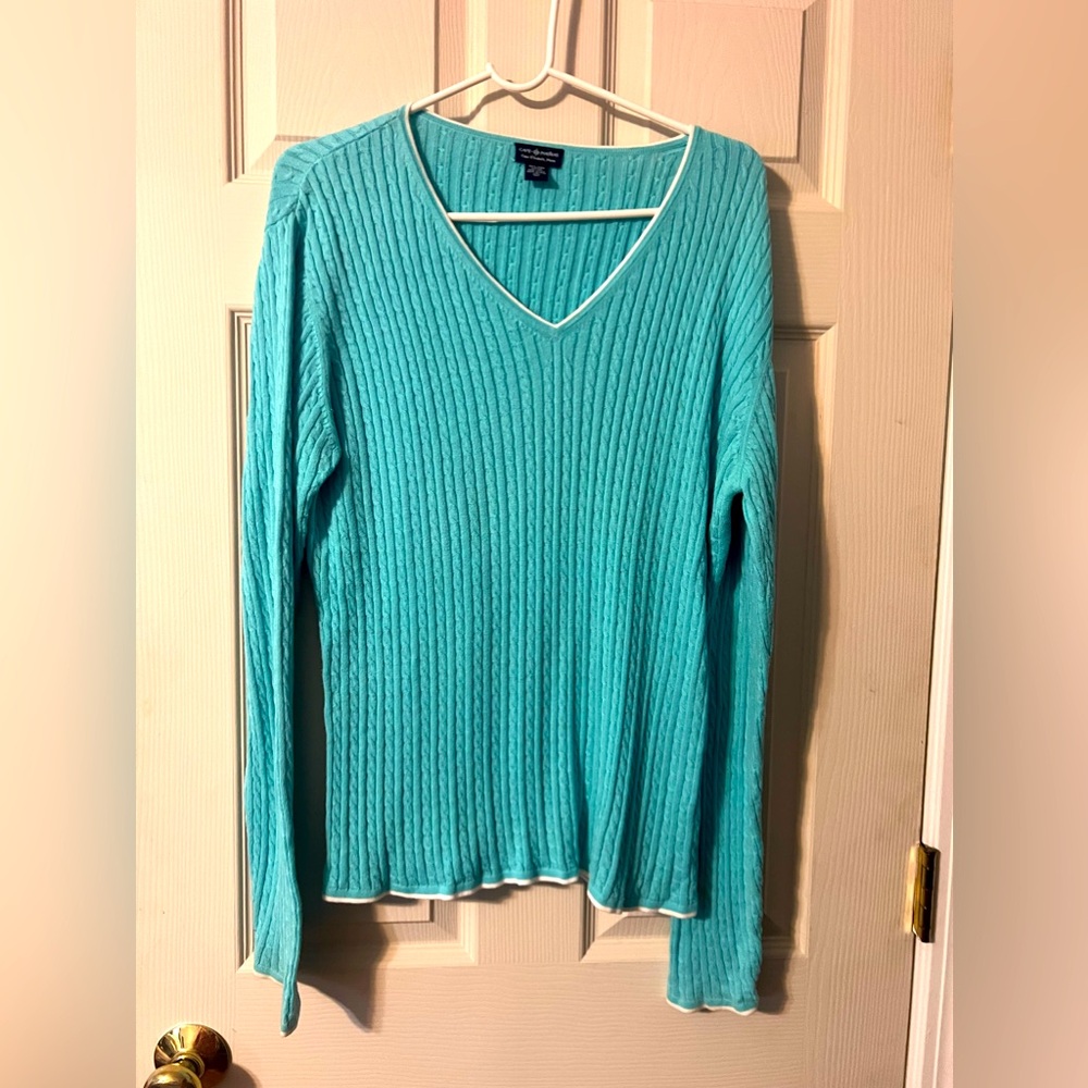 Cape Madras Cape Elizabeth, Maine teal cable knit V-neck pima cotton XL sweater